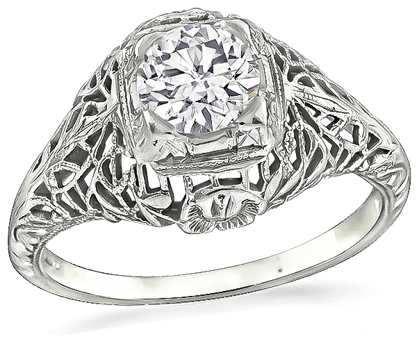 Vintage Old Mine Cut Diamond 18k White Gold Engagement Ring