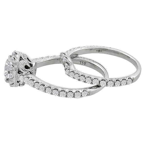 Edwardian Style 0.70ct Round Cut Diamond 18k White Gold Engagement Ring & Wedding Band Set 