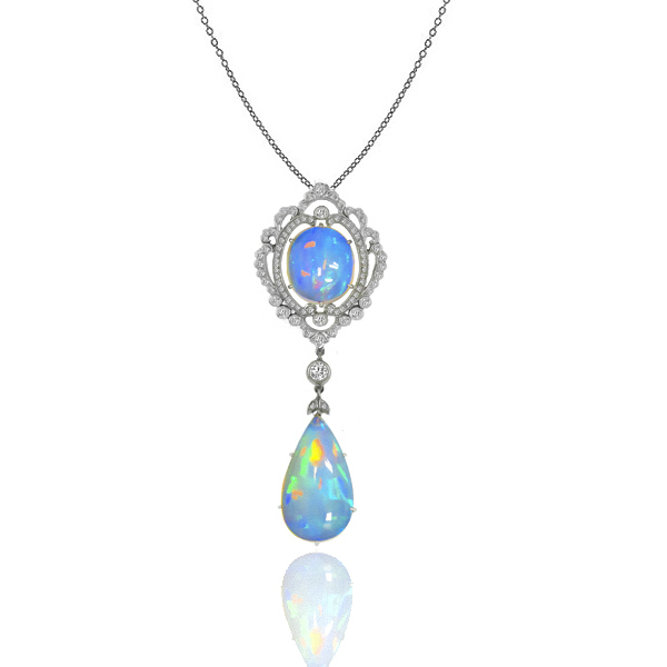 Edwardian Style 15.00ct Cabochon  Fire Blue Oval & Pear Shape Opal 1.00ct Round Diamond 14k White Gold Pendant