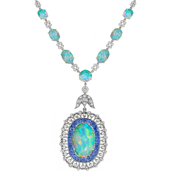 Edwardian Style 34.77ct Cabochon Oval Opal 2.48ct Round Diamond Faceted Sapphire 18k White Gold Necklace 