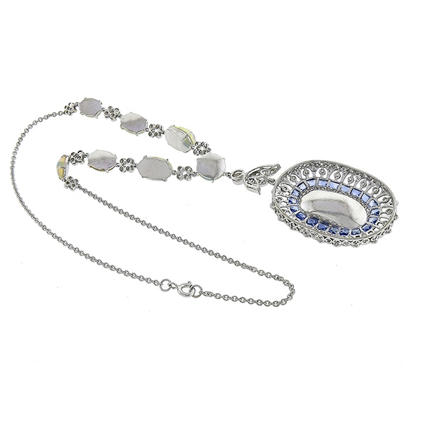 Edwardian Style 34.77ct Cabochon Oval Opal 2.48ct Round Diamond Faceted Sapphire 18k White Gold Necklace 