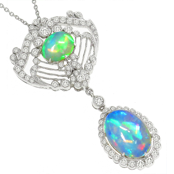 Edwardian Style 4.98ct Cabochon Fiery Green & Blue Cabochon Oval Cut Opal 1.07ct Round Diamond 18k White Gold Pendant