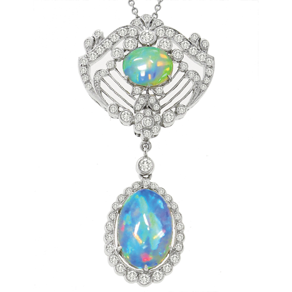 Edwardian Style 4.98ct Cabochon Fiery Green & Blue Cabochon Oval Cut Opal 1.07ct Round Diamond 18k White Gold Pendant