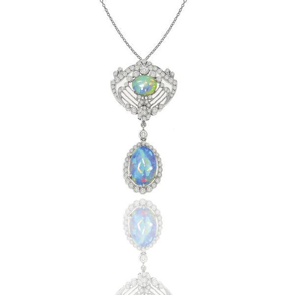 Edwardian Style 4.98ct Cabochon Fiery Green & Blue Cabochon Oval Cut Opal 1.07ct Round Diamond 18k White Gold Pendant