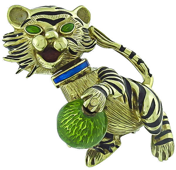 Enamel Yellow Gold Bengal Tiger Pin Photo 1