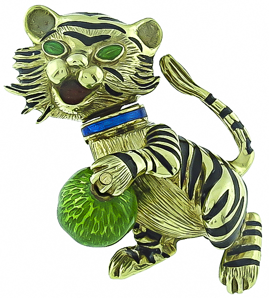 Enamel Yellow Gold Bengal Tiger Pin Photo 1