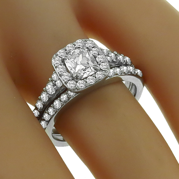 Estate 0.70ct Modified Cushion Cut  Center Diamond & 0.50ct Round Cut Diamond 14k White Gold Engagement & Wedding Band Set 