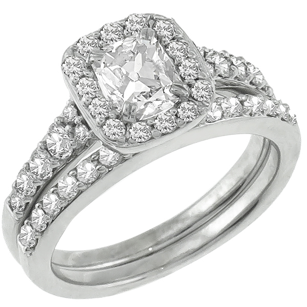 Estate 0.70ct Modified Cushion Cut  Center Diamond & 0.50ct Round Cut Diamond 14k White Gold Engagement & Wedding Band Set 