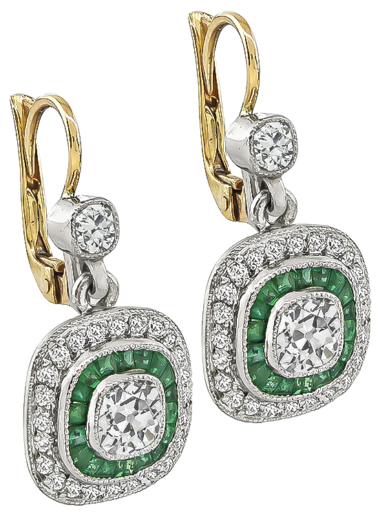 Estate 0.90ct Diamond 0.50ct Emerald Earrings