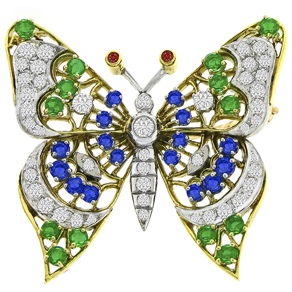 Diamond Sapphire  Emerald & Ruby  Gold Butterfly Pin