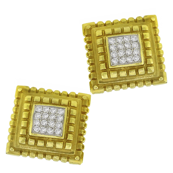 Estate 1.00ct Round Cut Diamond 14k Yellow Gold Shield Earrings