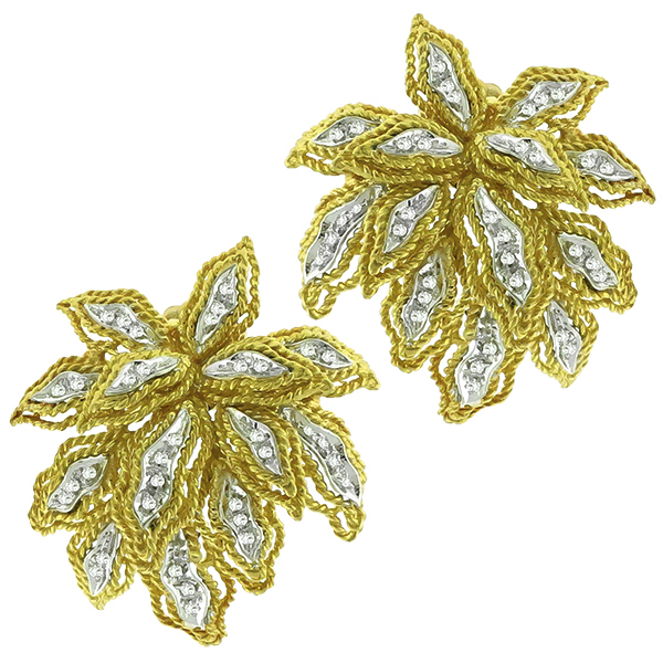 Estate 1.00ct Round Cut Diamond 18k Yellow & White Gold  Foliage Earrings