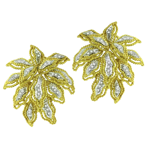 Estate 1.00ct Round Cut Diamond 18k Yellow & White Gold  Foliage Earrings