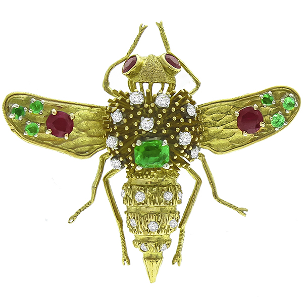 Ruby Emerald Diamond Gold Bee Pin 