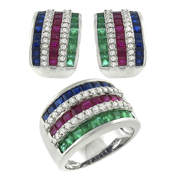 14k white gold diamond, ruby, emerald, and sapphire  ring and earrings set 1