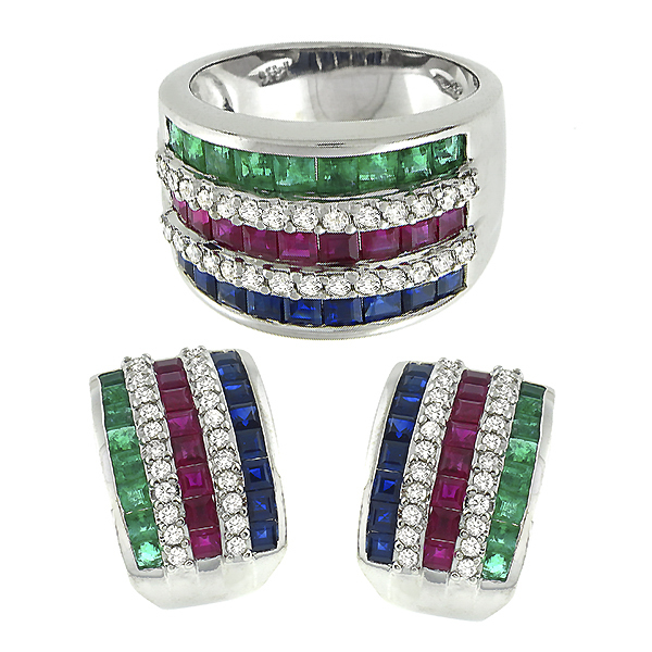 14k white gold diamond, ruby, emerald, and sapphire  ring and earrings set 1
