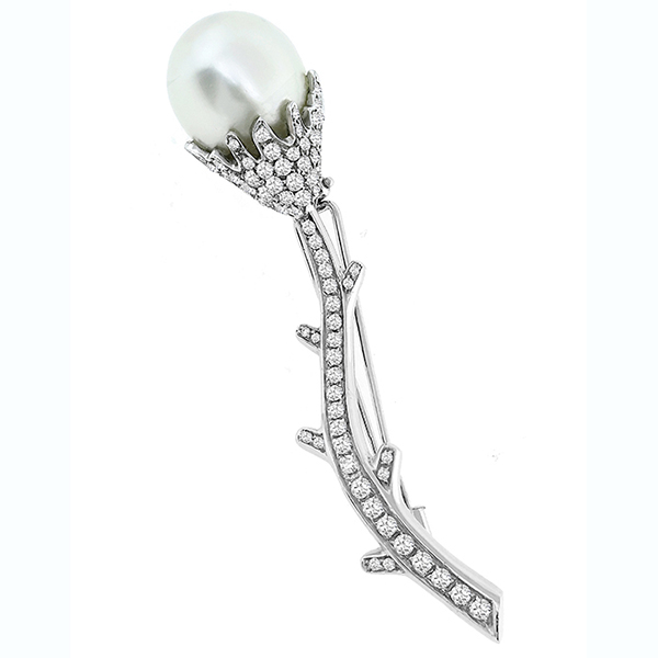 Estate 1.50ct Round Brilliant Diamond 15.5mm South Sea Pearl 18k White Gold Pin    