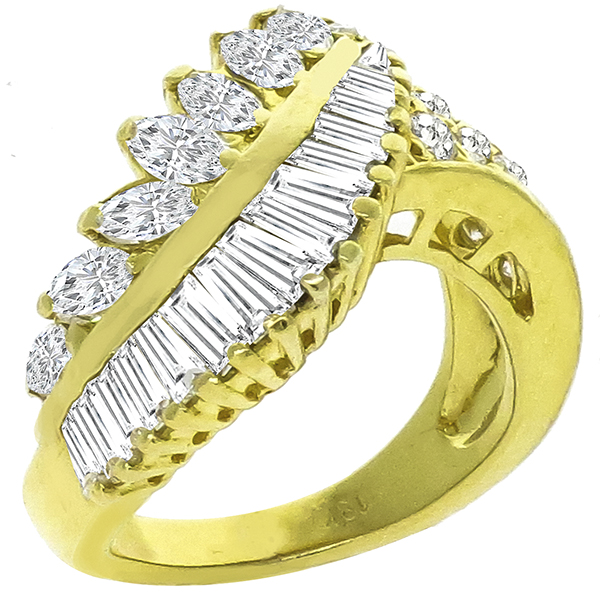 Estate 1.60cttw Marquise, Baguette & Round Cut Diamond Cluster  18k Yellow Gold Ring