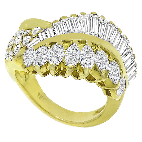 Estate 1.60cttw Marquise, Baguette & Round Cut Diamond Cluster  18k Yellow Gold Ring