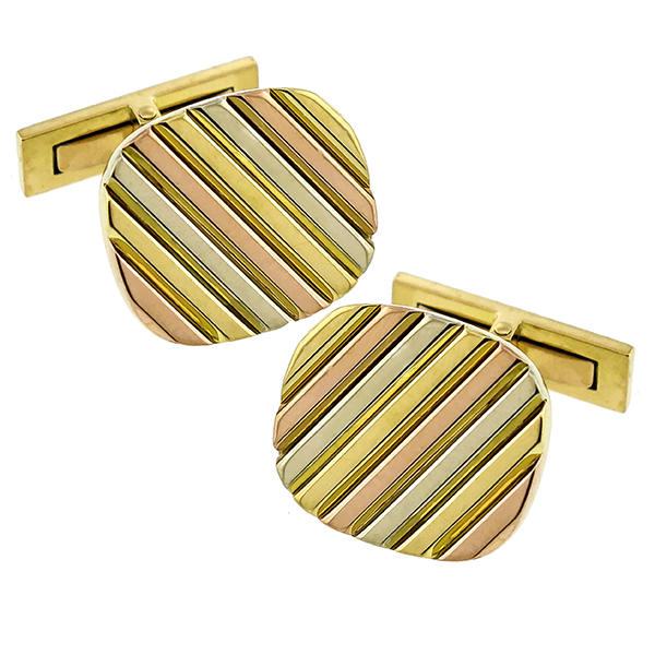 Estate 18k Yellow, Pink & White Gold  Pin Stripe Cufflinks