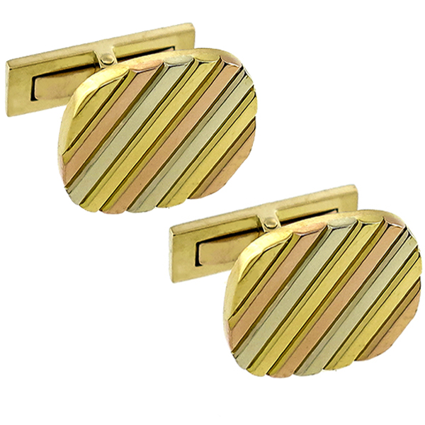 Estate 18k Yellow, Pink & White Gold  Pin Stripe Cufflinks