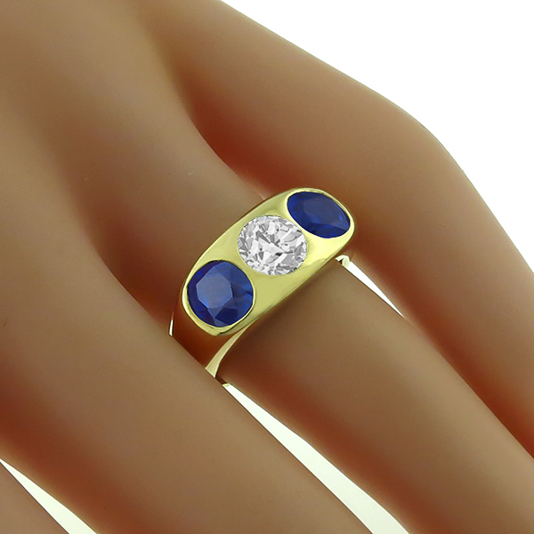 3 Stone 0.75ct Diamond 1.60ct Sapphire Gypsy Men's Ring 1