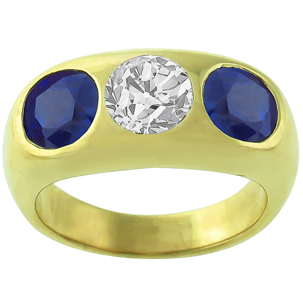 3 Stone 0.75ct Diamond 1.60ct Sapphire Gypsy Men's Ring 1