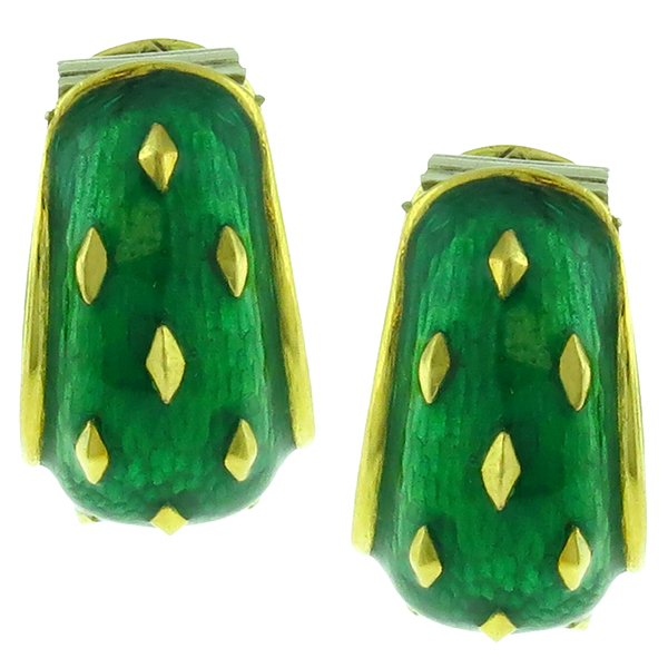 Estate 1960s 18k Yellow Gold  Green Enamel Cocoon Earrings