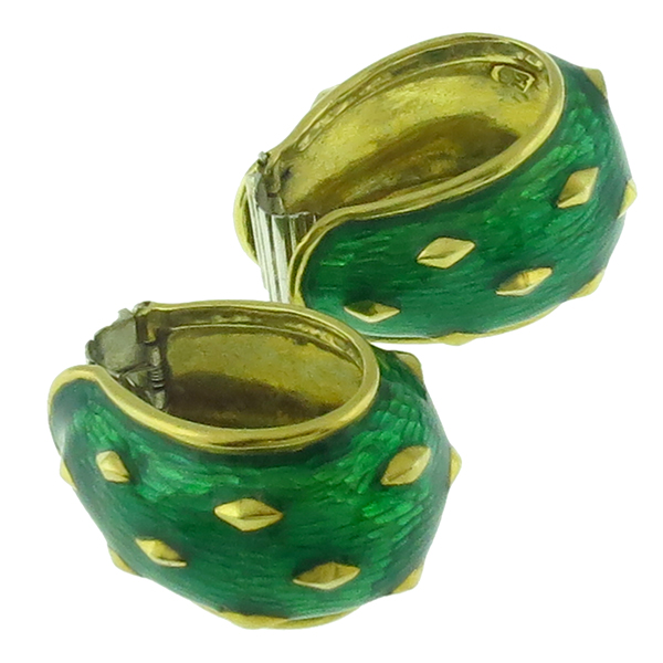Estate 1960s 18k Yellow Gold  Green Enamel Cocoon Earrings