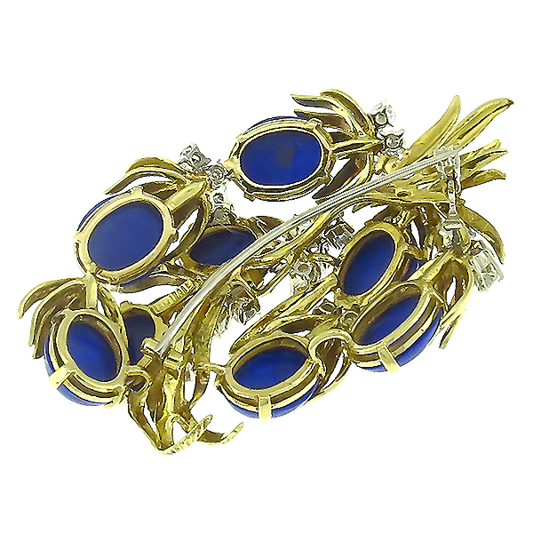 Estate 1960s 2.00ct Round Cut Diamond Cabochon Oval Lapis 18k Yellow Gold Fruity Floral Pin