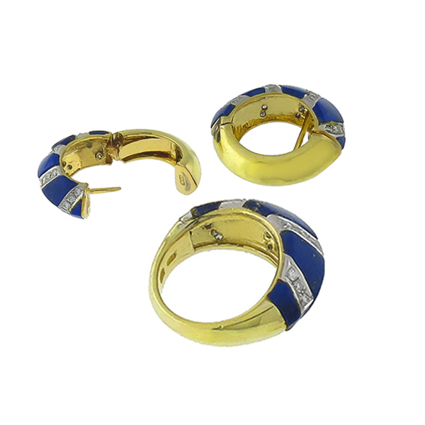 1.85ct Diamond Lapis Gold Huggies Earrings & Ring Set 1