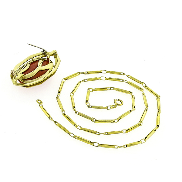 Coral Diamond Gold  Pin/ Pendant Necklace