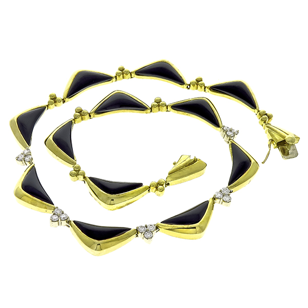 Estate 2.00ct Round Diamond Onyx 18k Yellow Gold Necklace