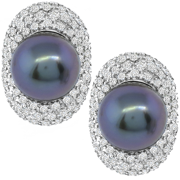 Estate 2.10ct Round Cut Diamond Black South Sea Pearl 18k White Gold Earrings