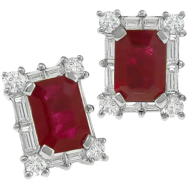 Estate 2.50ct Emerald Cut Ruby 0.50ct Round & Baguette Cut Diamond 14k White Gold Earrings 