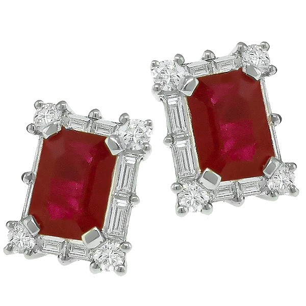 Estate 2.50ct Emerald Cut Ruby 0.50ct Round & Baguette Cut Diamond 14k White Gold Earrings 