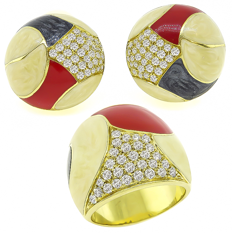 Estate 2.75ct Diamond Enamel Earrings and Ring Set 