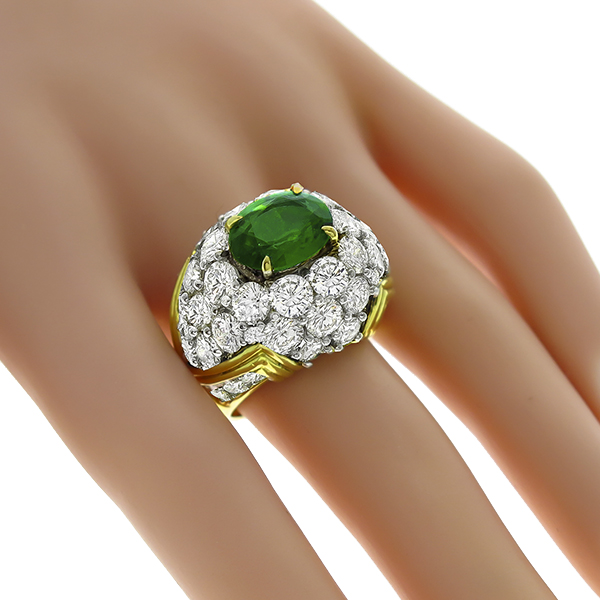 Estate 2.86ct Oval Cut  Emerald 12.60ct Round Cut Diamond  18k Yellow Gold Cocktail  Ring