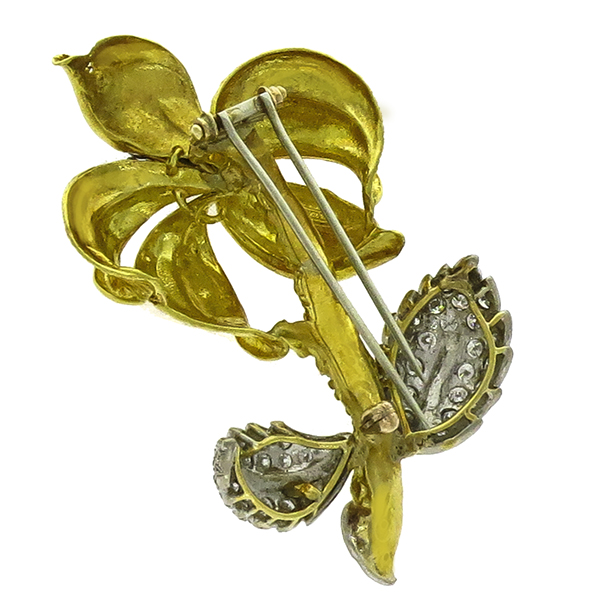 Estate 2.95ct Round Cut Diamond 18k Yellow & White Gold Floral Pin 
