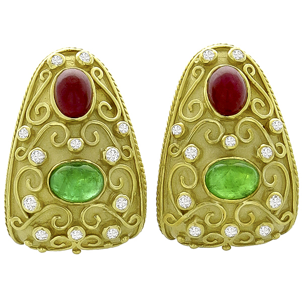 Ruby Emerald Diamond  Gold Earrings