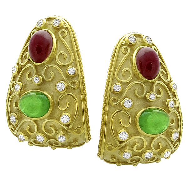 Ruby Emerald Diamond  Gold Earrings