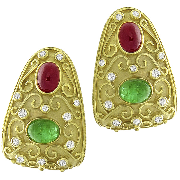 Ruby Emerald Diamond  Gold Earrings