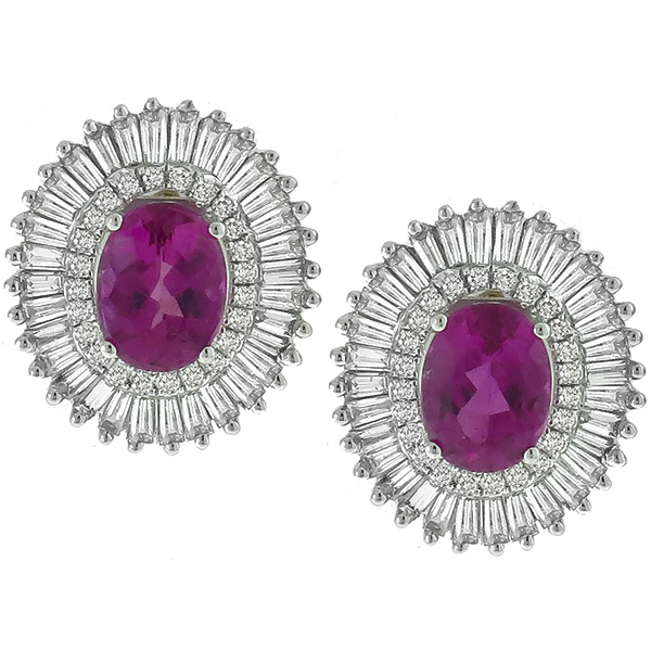 Estate 3.00ct Oval Pink Tourmaline 1.50ct Round & Baguette Cut  Diamond 14k White Gold Earrings