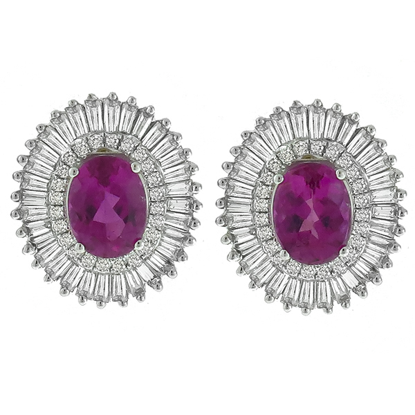 Estate 3.00ct Oval Pink Tourmaline 1.50ct Round & Baguette Cut  Diamond 14k White Gold Earrings