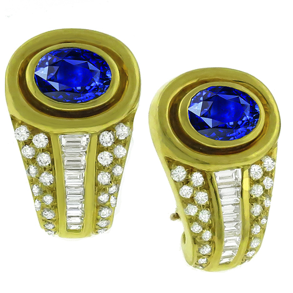 Estate 3.50ct Oval Cut Sapphire 1.60ct Baguette and Round Cut Diamond 14k Yellow Gold Earrings