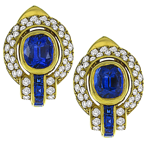 Estate 4.00ct Oval Cut Ceylon Sapphire 1.60ct Round Cut Diamond 18k Yellow Gold Earrings
