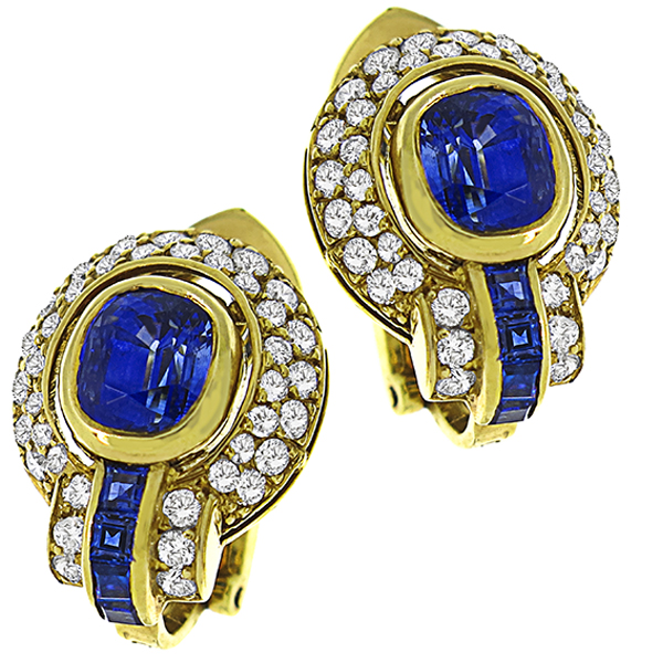 Estate 4.00ct Oval Cut Ceylon Sapphire 1.60ct Round Cut Diamond 18k Yellow Gold Earrings