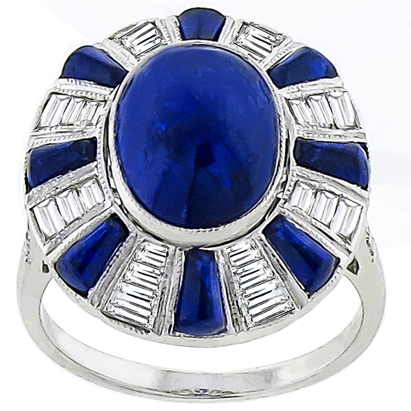 Estate 5.13ct Cabochon Center & 1.60ct Cabochon Tapered Sapphire 0.67ct Baguette Diamond 18k White Gold Ring