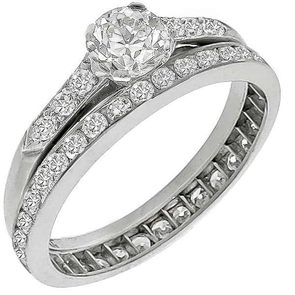 Estate Antique 0.35ct Old Mine Cut Diamond Platinum Engagement Ring & 0.50ct Old Mine Cut Diamond Eternity Wedding Band Set