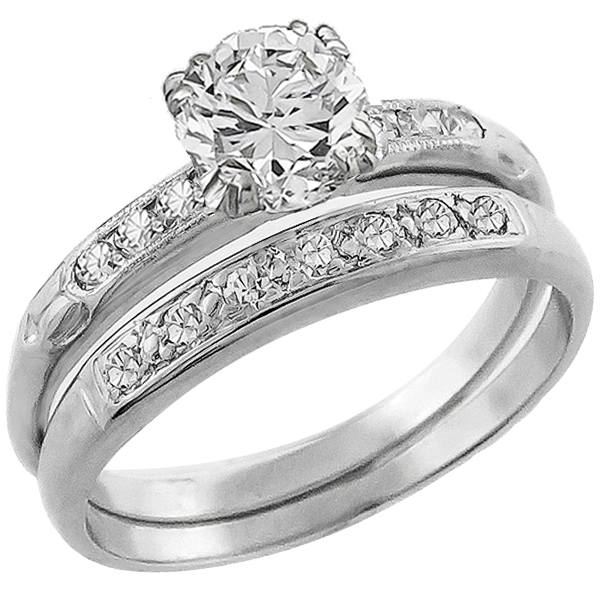 Estate Antique 0.70ct Old European Cut Diamond Platinum Engagement Ring and Lambert Brothers Wedding Band Set